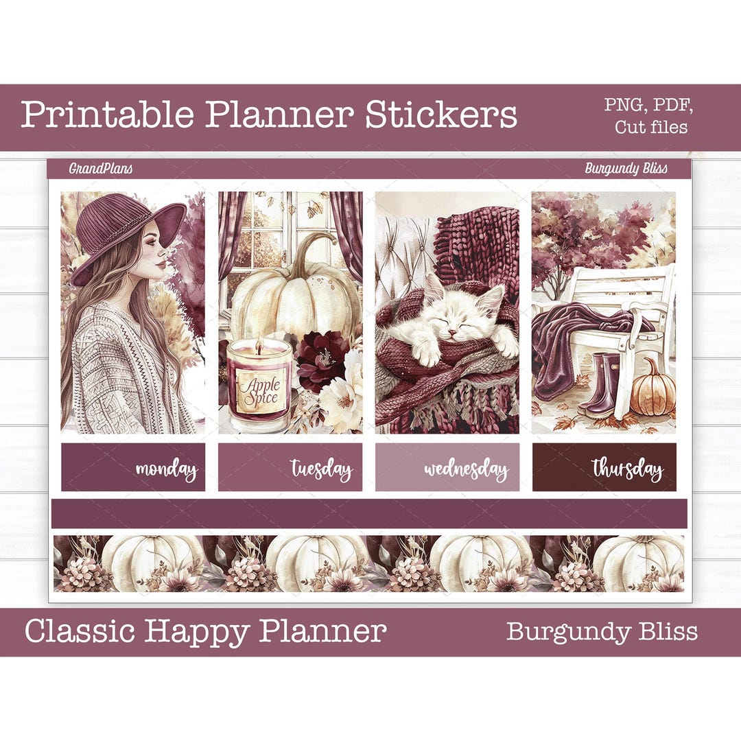 Printable Fall Planner Stickers, Weekly Sticker Kit, Burgundy Bliss ...