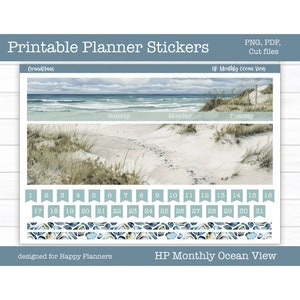 Kit mensal Happy Planner para impressão, vista para o mar, adesivos para planejador, verão, adesivos de praia, arquivos de corte, Cricut PNG