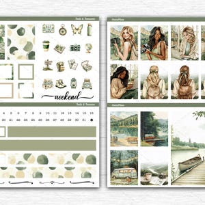 May include: A sticker sheet set featuring watercolor illustrations of travel and nature themes. Elements include people with backpacks, a camper van, a boat on a dock, forest landscapes, hiking gear, and calendar date markers with the text weekend.