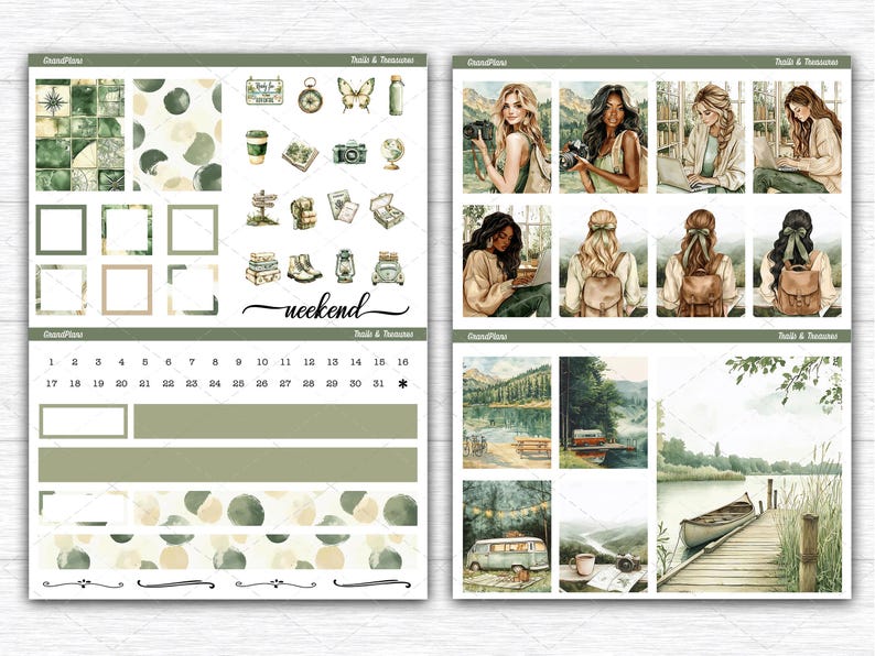 May include: A sticker sheet set featuring watercolor illustrations of travel and nature themes. Elements include people with backpacks, a camper van, a boat on a dock, forest landscapes, hiking gear, and calendar date markers with the text weekend.