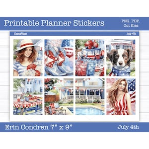 Printable Planner Stickers, July 4th Weekly Sticker Kit, Erin Condren Planner Stickers, Vertical Sticker Kit, Cut File, Cricut PNG