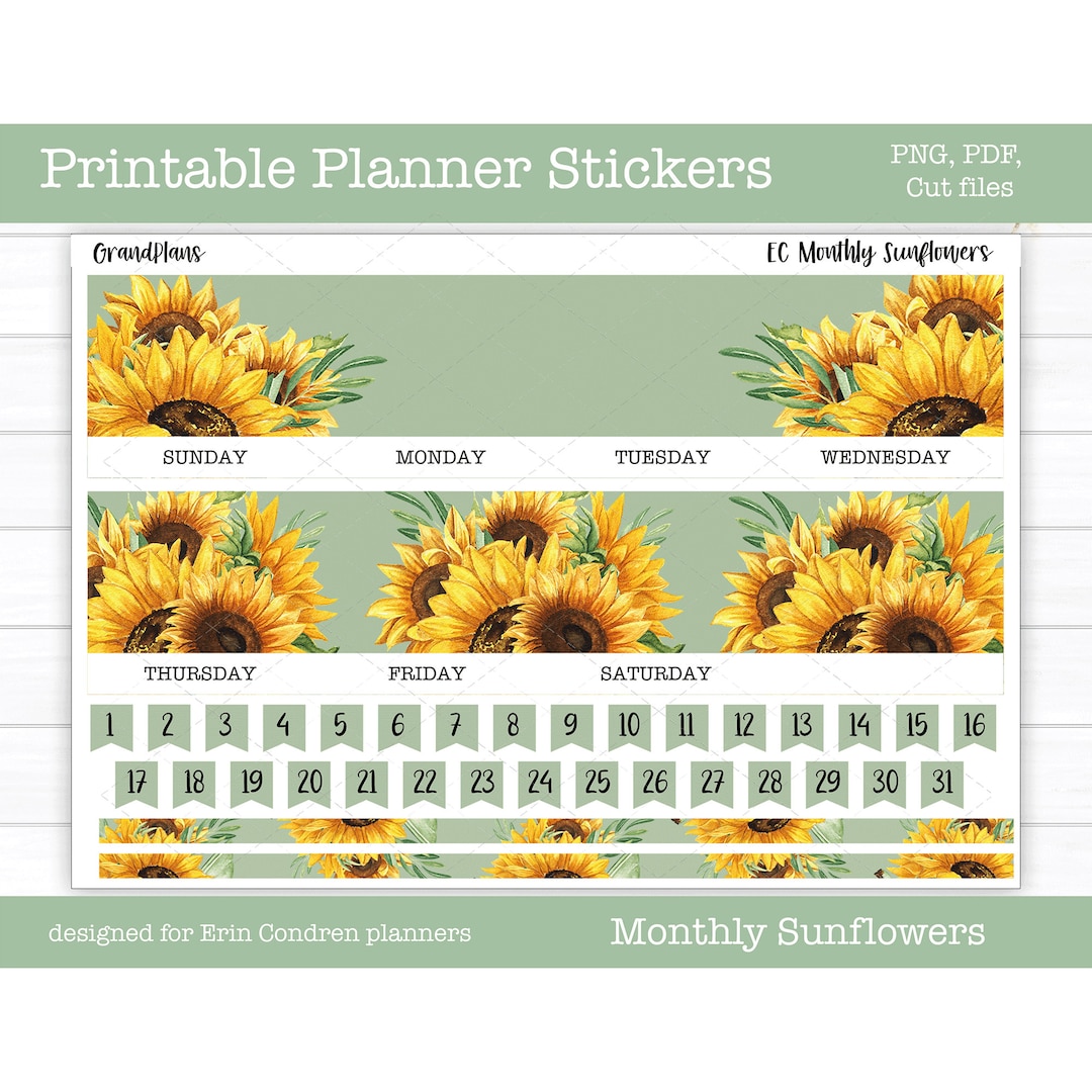 Printable Erin Condren Monthly Planner Sticker Kit - Sunflowers ...