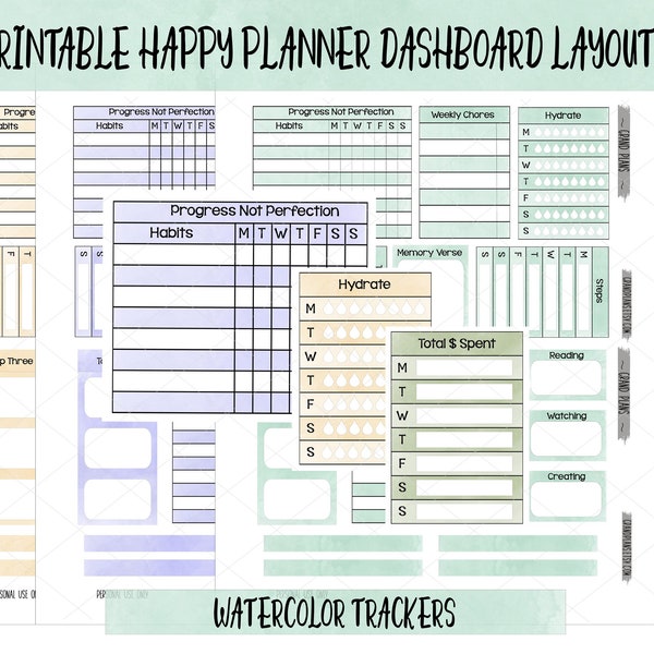 Printable Stickers | Tracker Stickers | Dashboard Layout | Happy Planner | Weekly Habit Trackers | Step Tracker | Water Tracker | Watercolor