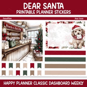 Peut inclure: Une planche d'autocollants Dear Santa pour agenda représentant un bureau de poste du pôle Nord, un chiot avec un bonnet de Noël tenant une lettre, ainsi que des autocollants rectangulaires et en forme de fanion aux tons rouge, vert et beige.