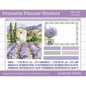 Adesivi stampabili per planner, campi di lavanda, kit di adesivi settimanali, layout del dashboard del planner felice, adesivi digitali, file di taglio, Cricut PNG