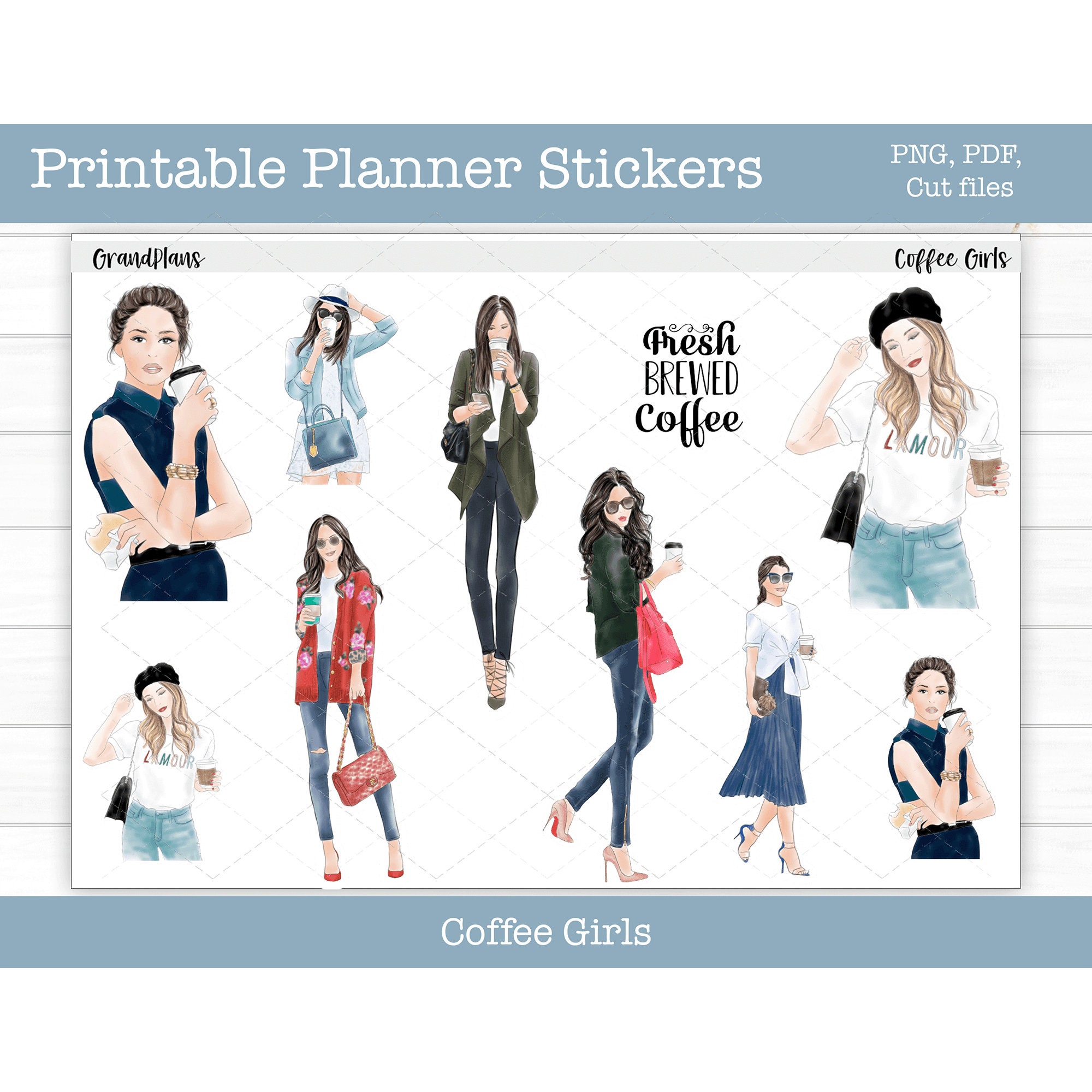 Fashion Planner Girl Stickers with Coffee Cup, Shopping Bags, Perfume,  Shoe, Sunglasses, Flowers, Cupcake and Slogan Sticker. Stock Vector -  Illustration of isolated, girl: 99712302