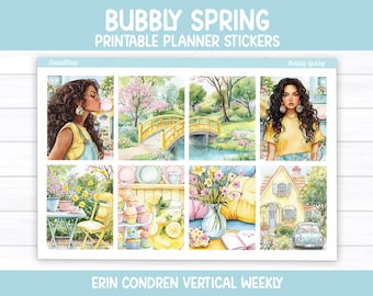 Op de afbeelding: Een vel BUBBLY SPRING PRINTABLE PLANNER STICKERS voor ERIN CONDREN VERTICAL WEEKLY planners. De stickers bevatten illustraties van een persoon met krullend haar, een gele brug, een tuin, cupcakes, limonade en een huis.