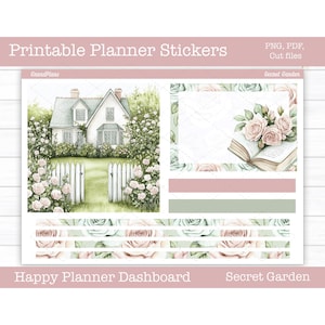 Adesivi stampabili per planner, kit di adesivi settimanali &quot;Secret Garden&quot;, layout dashboard Happy Planner, adesivi per dashboard, file di taglio, Cricut PNG