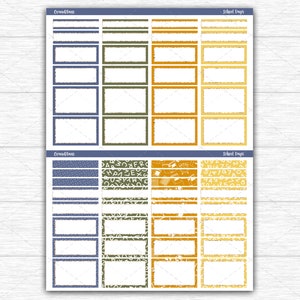 May include: A sheet of planner stickers with a school theme. The stickers feature rectangular frames in blue, green, and orange, with text and patterns. The words "School Days" and "Countdown" are visible.