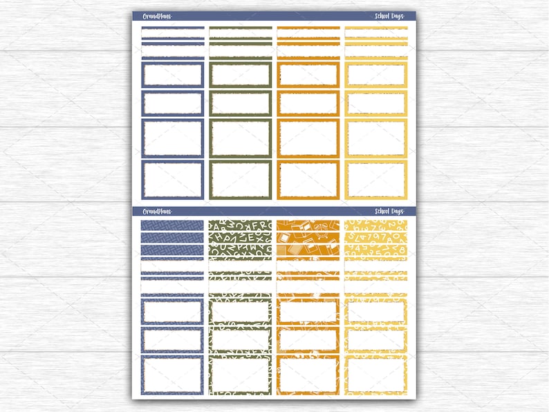 May include: A sheet of planner stickers with a school theme. The stickers feature rectangular frames in blue, green, and orange, with text and patterns. The words "School Days" and "Countdown" are visible.