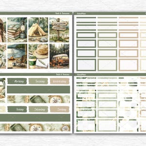 May include: A set of planner stickers featuring camping-themed illustrations including a tent, a camper van, a campfire, and a person with a camera. The sheets include various rectangular labels, day-of-the-week headers, and decorative borders.