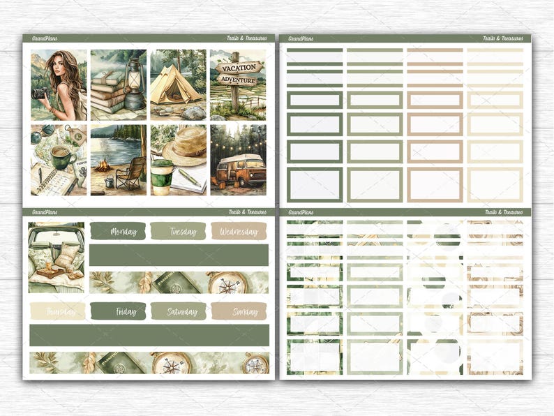 May include: A set of planner stickers featuring camping-themed illustrations including a tent, a camper van, a campfire, and a person with a camera. The sheets include various rectangular labels, day-of-the-week headers, and decorative borders.