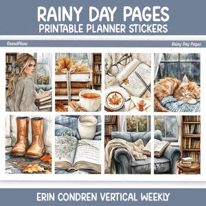 May include: Printable planner stickers with a cosy autumn theme. The design features watercolour illustrations of books, coffee, a cat, and boots. The text at the top reads "Rainy Day Pages Printable Planner Stickers."