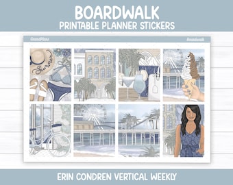 Pegatinas imprimibles para agenda de verano, kit de pegatinas semanales de paseo marítimo, pegatinas de playa, Erin Condren, agenda vertical, archivos de corte, Cricut PNG