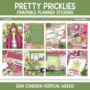 May include: A sheet of planner stickers with a cactus theme. The stickers feature illustrations of a woman, a coffee machine, a trailer, and cacti. The text "Pretty Pricklies" and "Erin Condren Vertical Weekly" are visible.