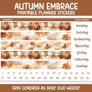 May include: A sheet of printable planner stickers titled Autumn Embrace, featuring rows of brown and white buffalo plaid with pumpkins, watercolor autumn leaves, and the days of the week from Monday to Sunday, plus calendar dates 1 through 31.
