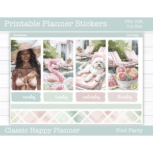 Printable Planner Stickers, Pool Party Weekly Sticker Kit, Happy Planner, Summer, Cut Files, Cricut PNG