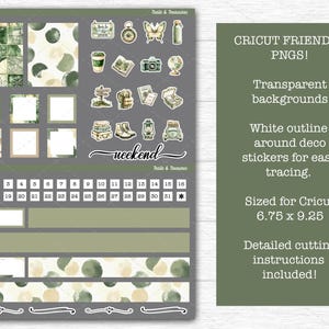 May include: A digital sticker sheet featuring travel-themed illustrations, including a compass, butterfly, camera, and hiking gear, alongside calendar date boxes, decorative strips, and the word weekend. The sheet includes text stating CRICUT FRIENDLY PNGS! 6.75 x 9.25.