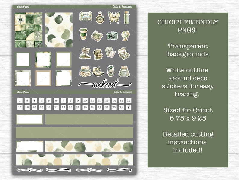 May include: A digital sticker sheet featuring travel-themed illustrations, including a compass, butterfly, camera, and hiking gear, alongside calendar date boxes, decorative strips, and the word weekend. The sheet includes text stating CRICUT FRIENDLY PNGS! 6.75 x 9.25.