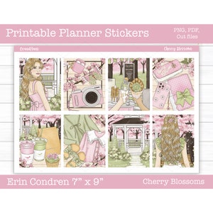 Agenda imprimable autocollants, kit d'autocollants hebdomadaires fleurs de cerisier, Erin Condren, agenda vertical, autocollants de printemps, fichiers coupés, Cricut PNG