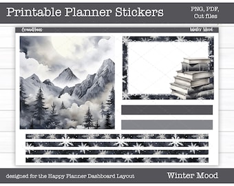 Printable Planner Stickers, Winter Mood Weekly Sticker Kit, Happy Planner Dashboard Layout, Dashboard Stickers, Cut Files, Cricut PNG