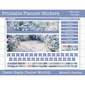 Spring Printable Planner Stickers, Monet&#39;s Garden Monthly Sticker Kit, Happy Planner, Cut Files, Cricut PNG