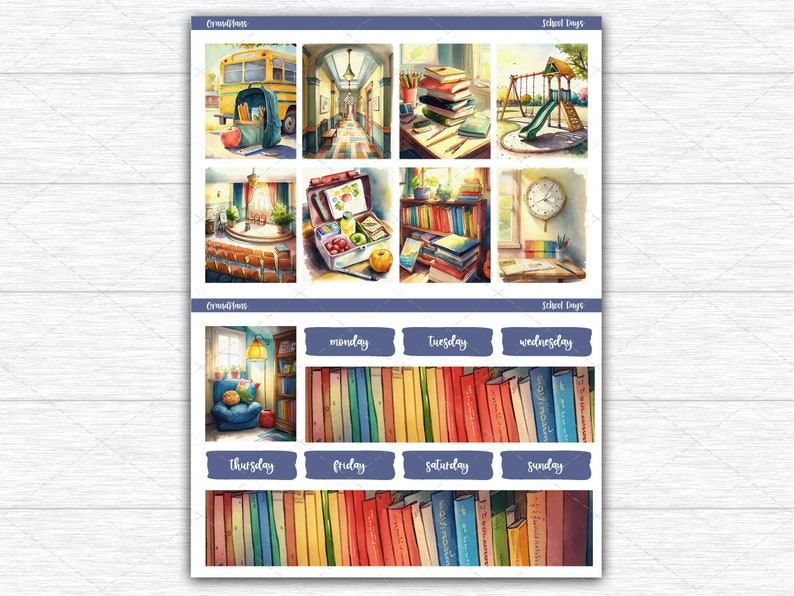 May include: Watercolor-style planner stickers featuring school-themed illustrations. The stickers include images of a school bus, classroom scenes, a playground, and stacks of books. Days of the week are also included in blue rectangles.