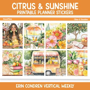 May include: Printable planner stickers with a citrus and sunshine theme. The stickers feature watercolor illustrations of a woman with a basket of oranges, a cafe scene, flowers, a picnic, a fruit stand, and a pineapple with sunglasses. The text "Citrus & Sunshine" is at the top.