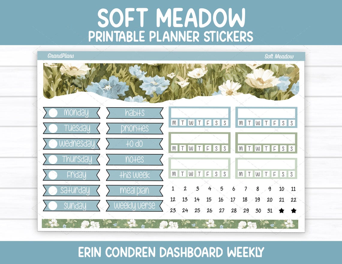 Soft Meadow Weekly Sticker Kit for the Erin Condren Dashboard Planner ...