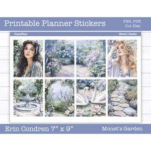Printable Planner Stickers, Monet&#39;s Garden Weekly Sticker Kit, Vertical Stickers, Erin Condren, Summer Stickers, Cut File, Cricut PNG