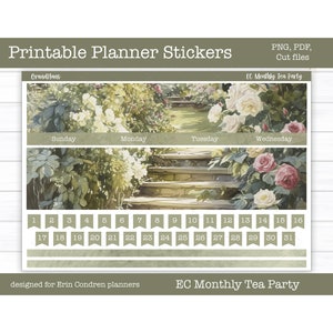 Kit mensal Erin Condren para impressão, adesivos de planejador, adesivos de primavera, adesivos florais, arquivos cortados, Cricut PNG, Tea Party