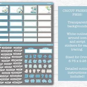 Op de afbeelding: Blauwe en witte planner stickers met decoratieve elementen en functionele pictogrammen. Tekst: "CRICUT FRIENDLY PNGS!" en "Sized for Cricut 17.1 x 23.5 cm".