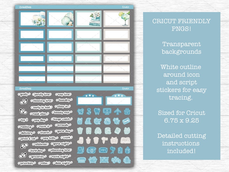 Op de afbeelding: Blauwe en witte planner stickers met decoratieve elementen en functionele pictogrammen. Tekst: "CRICUT FRIENDLY PNGS!" en "Sized for Cricut 17.1 x 23.5 cm".