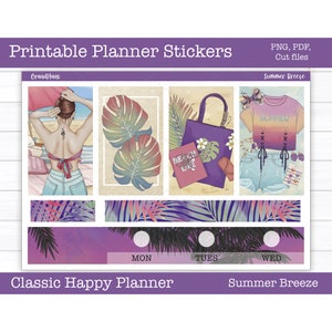 Summer Printable Planner Stickers, Summer Breeze Weekly Sticker Kit, Happy Planner, Beach Stickers, Cut Files, Cricut PNG