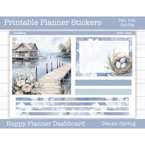 Adesivi stampabili per planner, kit di adesivi settimanali Denim Spring, layout dashboard Happy Planner, adesivi per dashboard, file di taglio, Cricut PNG