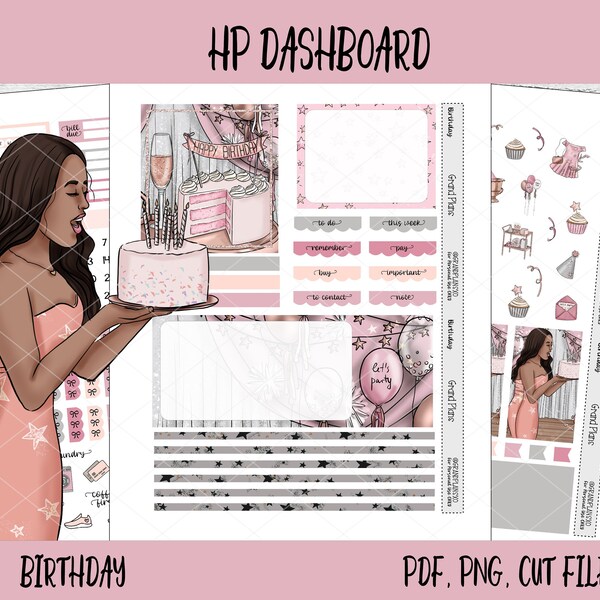 Printable Planner Stickers, Weekly Sticker Kit, Happy Planner Dashboard Layout, Digital Stickers, Cut Files, Cricut PNG, Birthday