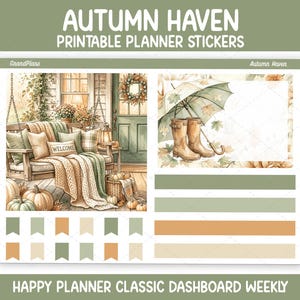 May include: A sheet of Autumn Haven printable planner stickers featuring illustrations of a porch swing with pumpkins, rain boots, an umbrella, and various solid-colored rectangular and flag-shaped labels in shades of sage green, cream, and muted orange.