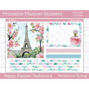 Adesivi stampabili per planner, kit di adesivi settimanali Parisienne Spring, layout dashboard Happy Planner, adesivi per dashboard, file di taglio, Cricut PNG