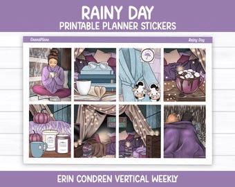 Rainy Day Printable Planner Stickers | Autumn Weekly Kit for Erin Condren & Vertical Planners