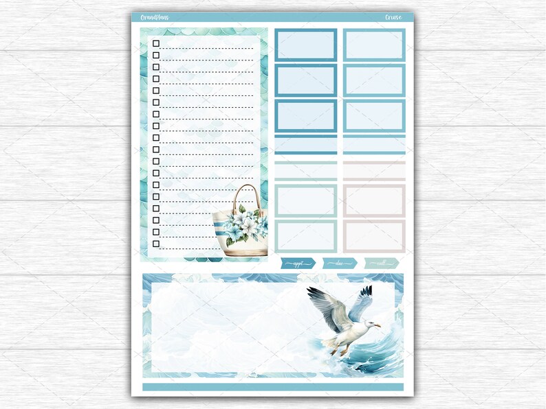 Op de afbeelding: Een planner sticker vel met een aquarel ontwerp. Het vel bevat een to-do lijst, vakken en decoratieve elementen. Een zeemeeuw vliegt over oceaangolven. Een bloemen draagtas is ook afgebeeld.