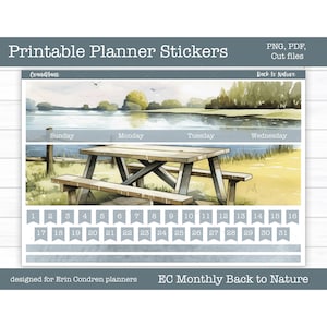 Kit mensual imprimible de Erin Condren, pegatinas de planificador, pegatinas digitales, pegatinas de verano, pegatinas de camping, Cricut PNG, volver a la naturaleza