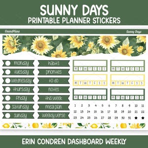 May include: Printable planner stickers with a sunny days theme. The stickers feature sunflowers, lemons, and green accents. Includes labels for each day of the week, habits, priorities, and notes. Also includes a calendar with dates and weekly verse.