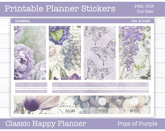 Spring Printable Planner Stickers, Pops of Purple Weekly Sticker Kit, Spring Stickers, Happy Planner, Floral Stickers, Cut Files, Cricut PNG