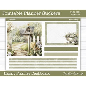 Adesivi stampabili per planner, kit di adesivi settimanali primaverili rustici, layout del dashboard del planner felice, adesivi per dashboard, file di taglio, PNG Cricut