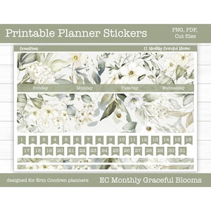 Kit mensuel imprimable Erin Condren, autocollants de planificateur, printemps, autocollants numériques, autocollants floraux, fichiers coupés, Cricut, PNG, fleurs gracieuses