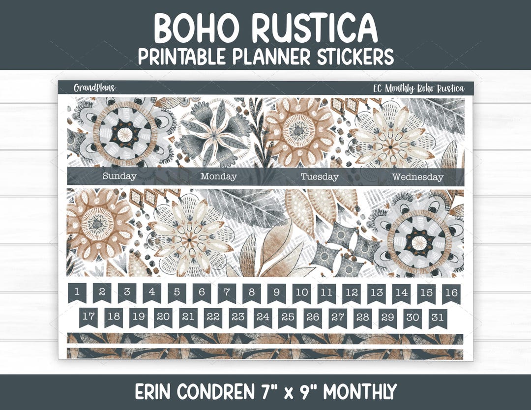 Boho Rustica Monthly Sticker Kit for 7x9 Erin Condren Planner ...