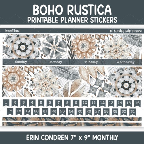 Boho Rustica Monatlicher Sticker Kit für 7x9 Erin Condren Planer (Printable)
