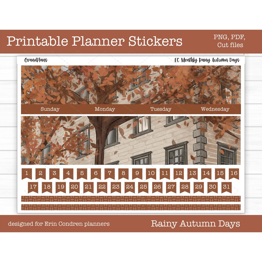Printable Erin Condren Monthly Sticker Kit - Rainy Autumn Days, Planner ...