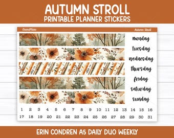 Kit d'autocollants hebdomadaires « Promenade d'automne » pour le duo quotidien A5 Erin Condren (imprimable)