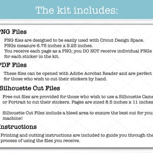 Op de afbeelding: Een witte achtergrond met tekst die luidt: "De kit bevat:", gevolgd door details over PNG-, PDF- en Silhouette-snijbestanden. PNG's meten 17,1 x 23,5 cm en pagina's zijn 21,6 x 27,9 cm. Instructies zijn inbegrepen.